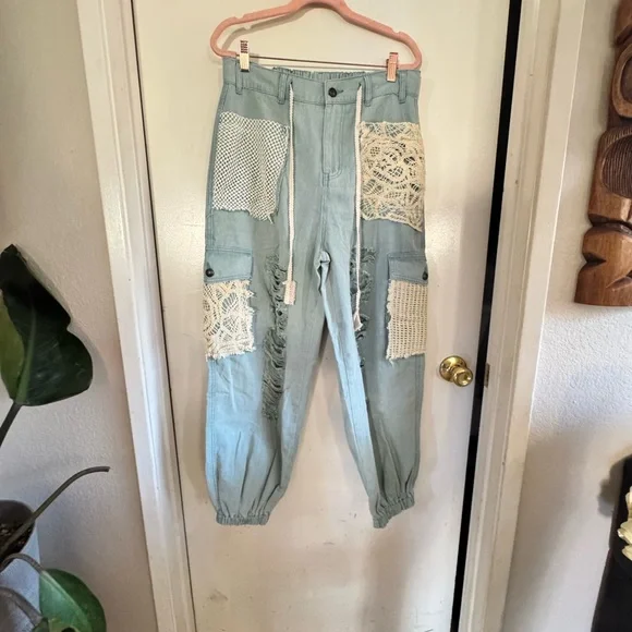 POL Dusty teal Distressed Cargo Pants with Lace Accents - Picture 8 of 15
